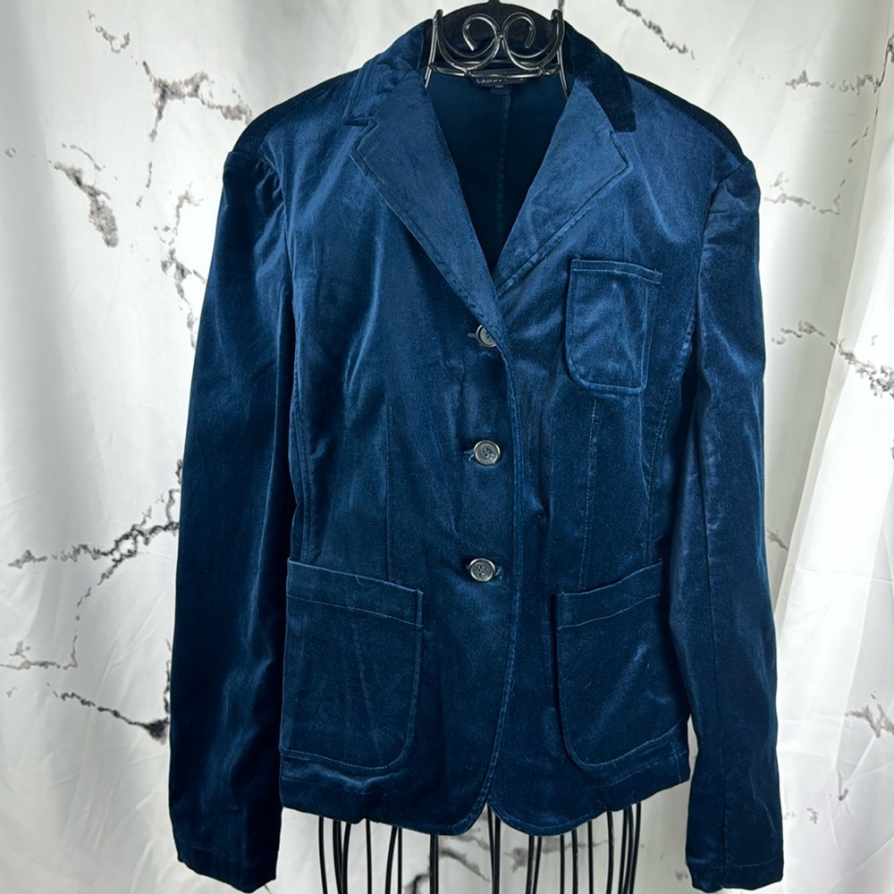 Land's End Blue Velvet Blazer Tailored 3-Button Front 3 Pockets Unlined Jacket